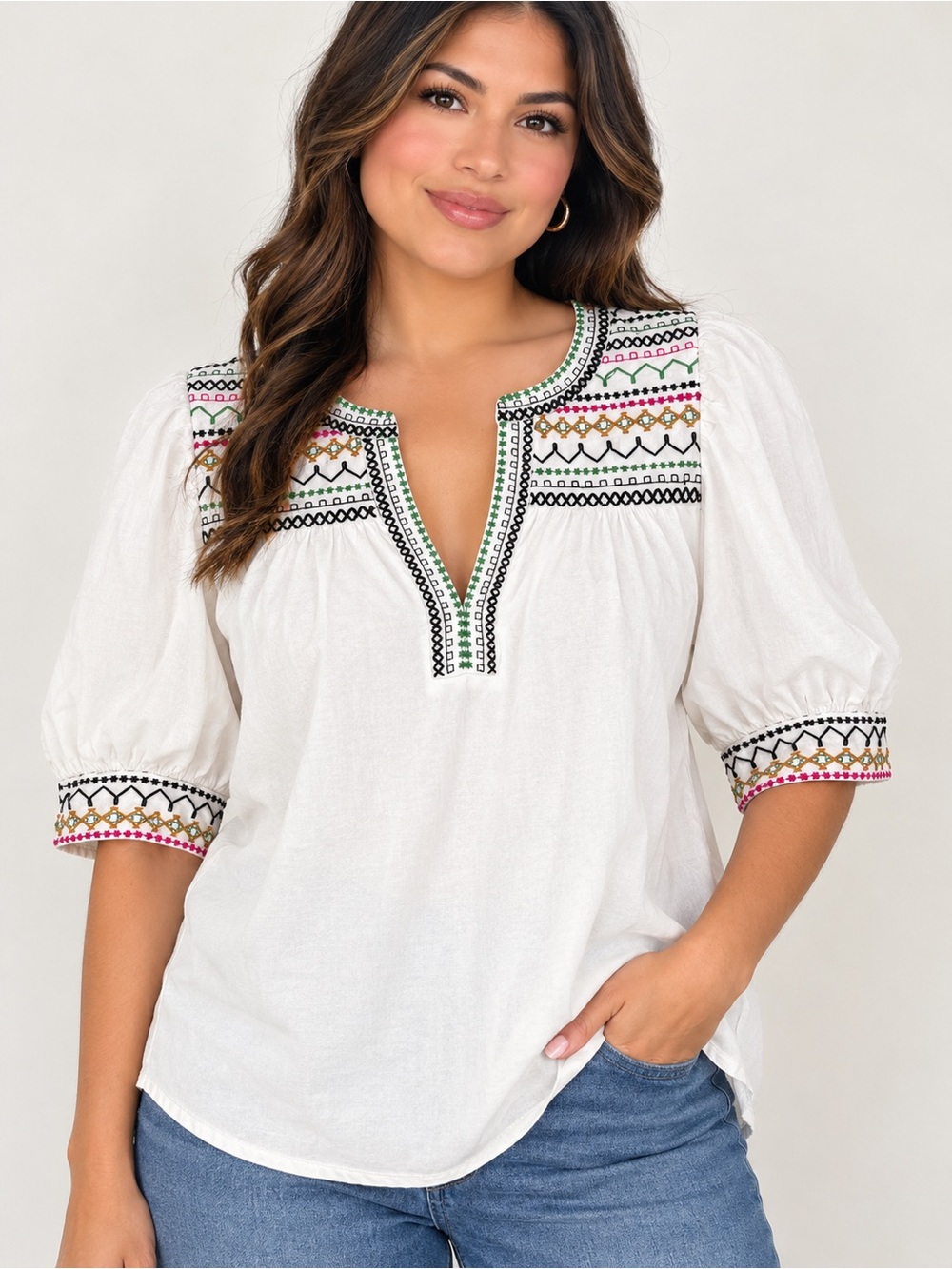 Chico's White Embroidered Peasant Tunic with Multicolor Accents